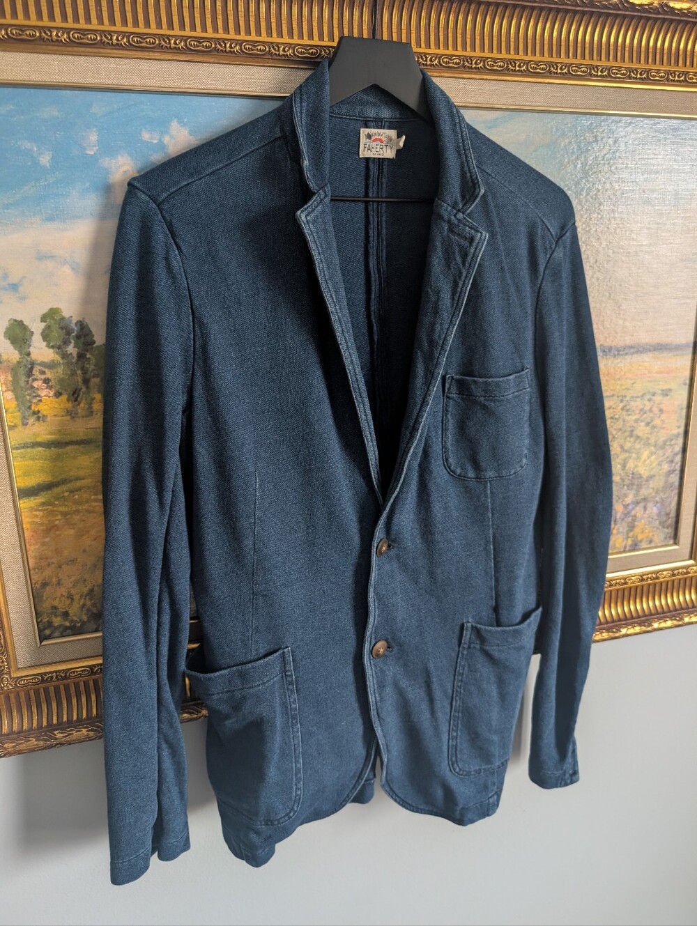 Faherty Indigo Blue Cotton-Blend Patch Pocket Blazer